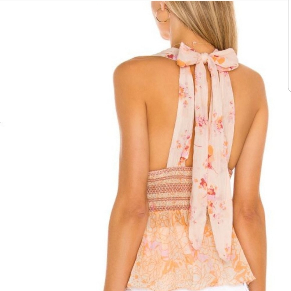 Free People Brinkley V Neck Smocked Tank Top Orange White Floral Print Open Back - Picture 3 of 6